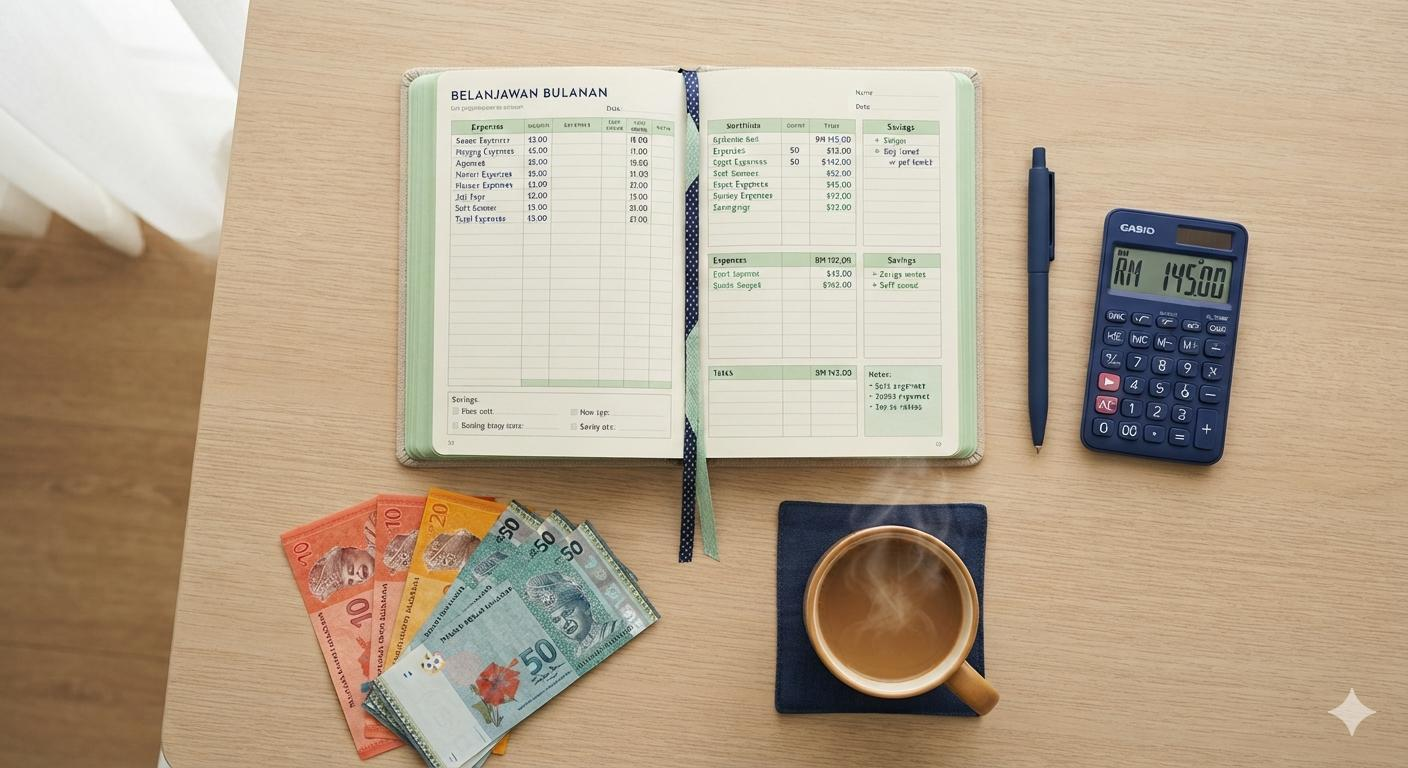 Buku bajet, kalkulator, wang ringgit dan kopi di atas meja